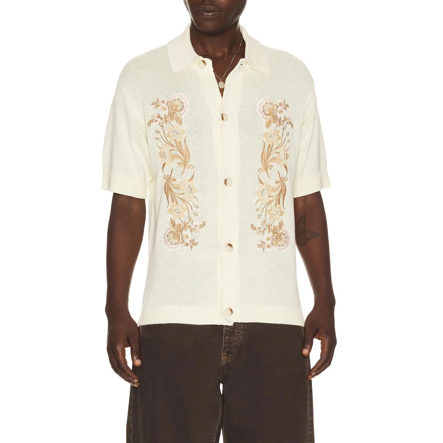 Central Park West Anderson Embroidered Camp Shirt in Ivory Combo