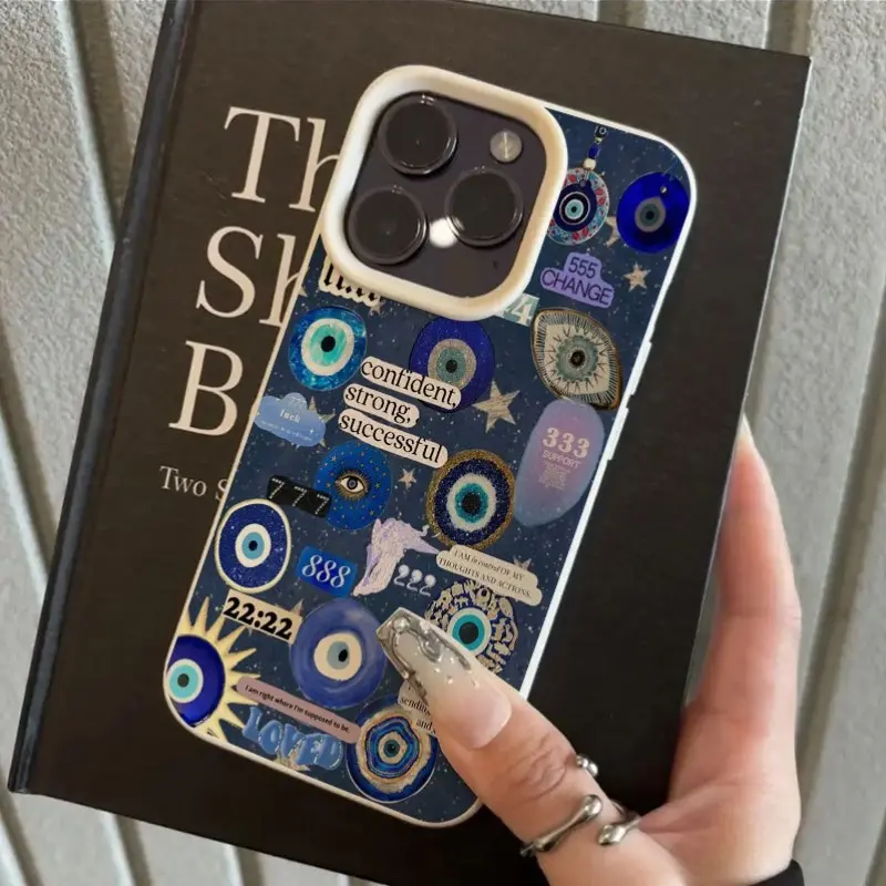 Evil Eye Symbol Collage Pattern iPhone Cover - Minimalist TPU Shockproof Drop-Resistant Protection Case for iPhone 16 Pro Max/16 Plus/15 Pro Max/15/14/13 Pro/12/11, Stylish High-Aesthetic Cellphone Accessory