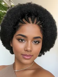 Afro Curly 13x4 Lace Frontal Wigs Human Hair Wig, Pre-Made Cornrow Braided Kinky Curly Wig with Baby Hair, Short Wigs for Women