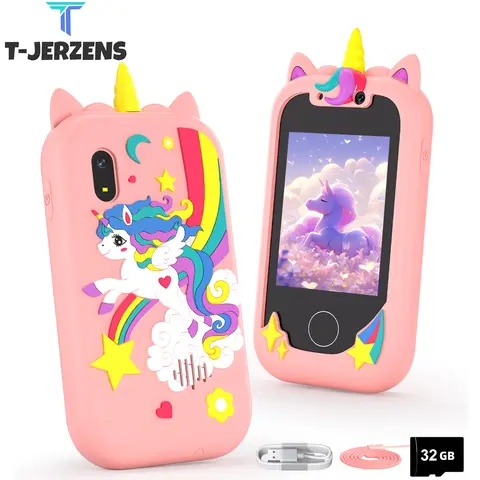 Unicorn-Themed Digital Smart Phone for Kids Ages 4-10, Battery-Powered Unisex Toy Device with 32GB SD Card, Dual Camera, Touch Screen, Games, Music Player, Birthday & Travel Gift