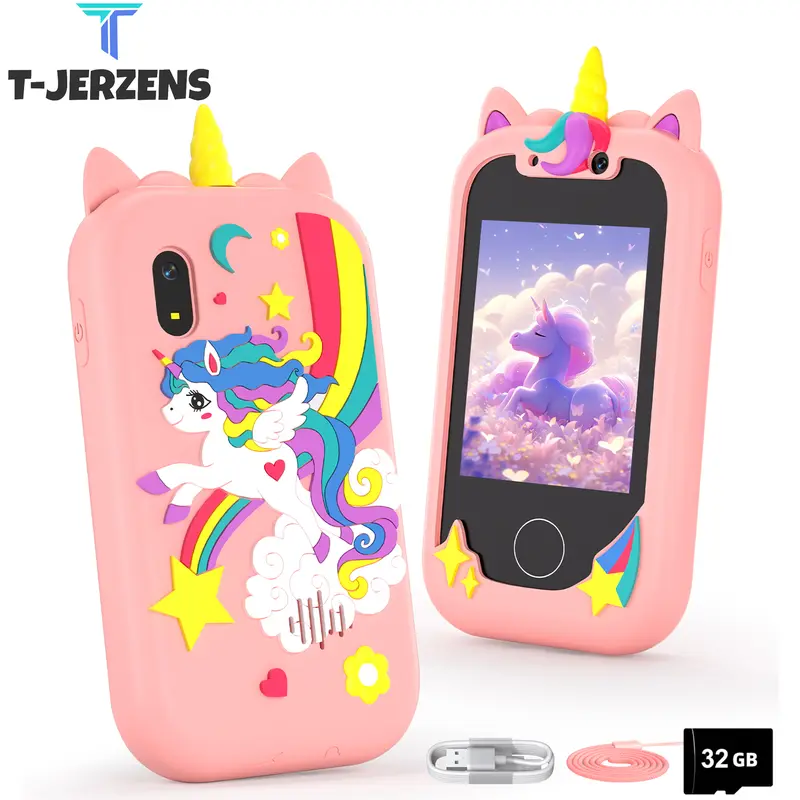Unicorn-Themed Digital Smart Phone for Kids Ages 4-10, Battery-Powered Unisex Toy Device with 32GB SD Card, Dual Camera, Touch Screen, Games, Music Player, Birthday & Travel Gift