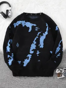 Men's Fitted Random Pattern Ripped Design Drop Shoulder Jacquard Knitted Sweater, Fashion Casual Long Sleeve Round Neck Jumper for Fall & Winter, Fashion Men's Knitwear for Daily Wear
