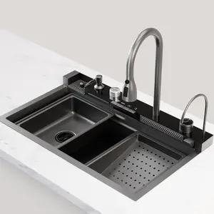 33x22 INCH Nano Black Flying Rain Drop In Waterfall Sink Household Sink,Integrated Sink with LED Light Piano Pull-Out Tap Set Accessories Included
