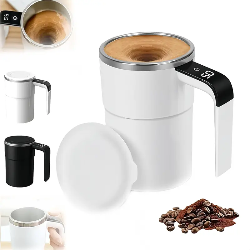 13oz Magnetic Automatic Self-Stirring Travel Coffee Mug - Reusable Stainless Steel Mug, 304 Kitchen-Grade Stainless Steel Drink Cup, LCD Temp Display, Rechargeable Cord-Free, IPX5 Waterproof Lid, Valentine's Day Gift
