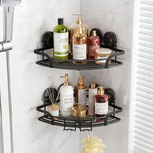 Powerful suction cup corner shower caddy  stainless steel rustproof shower shelves with hook drillfree wall mounted suction basket large capacity removable bathroom organizer black