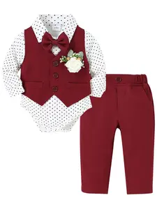 Baby Boy Suit 0-24 Months Infant cute clothes set Gentleman Outfits Formal Dress Shirt Bowtie Vest Pants Corsage 5pcs Baby Church Wedding Party Suits Casual Winter Baptism Gift Set