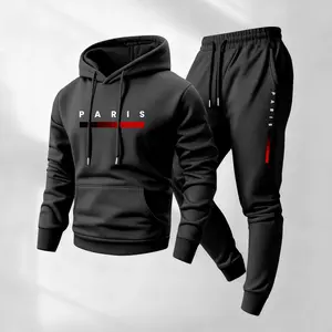 Men's Paris Printed Hoodie and Drawstring Sweatpants Set, Menswear, Casual Athletic Long Sleeve Hooded Jacket & Trousers for Fall & Winter, Men's Clothing for Daily Wear, Sportswear Indoor Outdoor, Tracksuit, Athleisure Summer Clothes