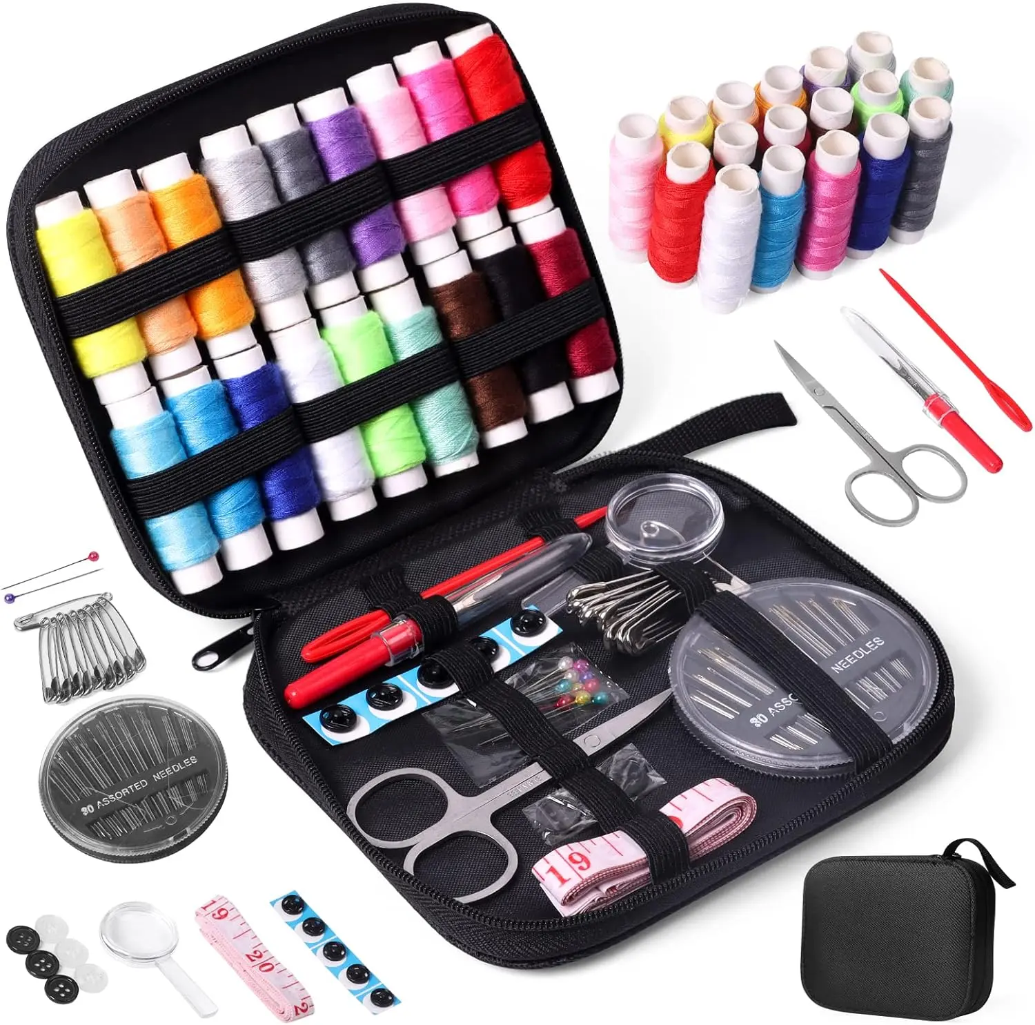 Sewing Kit with Case, Portable Sewing Supplies for Home Travelers, Adults, Beginners, Emergencies, Contains Thread, Scissors, Needles, Tape Measure