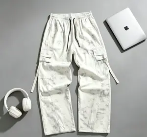 Men’s White Cloud Grey Tie Dye Wide Leg Cargo Pants Y2K Techwear Streetwear Trousers Detachable Strap, Hip Hop, Gorpcore, TikTok Viral, Baggy Fit, Skate Casual Pants