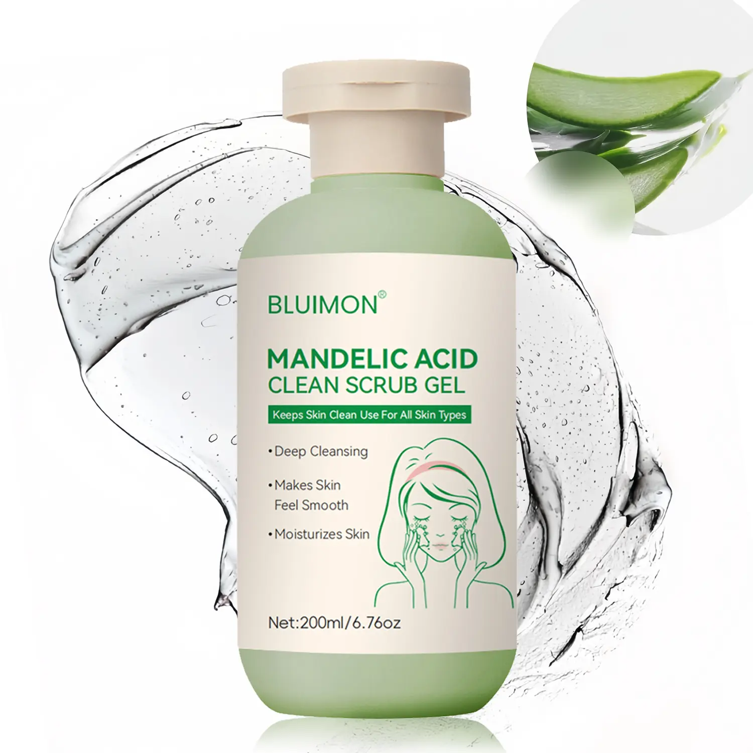 Bluimon Plant-Infused Mandelic Acid Facial Scrub Gel - Hypoallergenic Gentle Exfoliating Cleanser, Daily Hydrating Deep Blackheads Remover for All Skin Types, 200ml Radiant Skin Boost