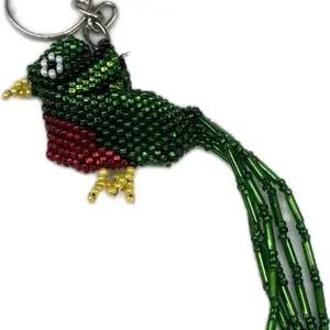 Handcrafted Beaded Bird Key Chain - Green & Red Design with Tassel - Perfect for Bags & Keys