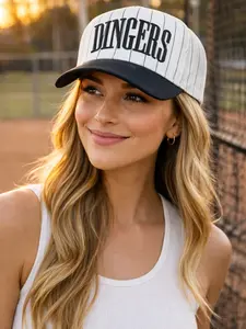 Dingers Stripe Vintage Trucker Hat Embroidered Baseball Mom Cap, Unisex Adjustable Pinstripe Game Day Hat, Trendy Summer Baseball Apparel curved hat,daddy hat,golf hat