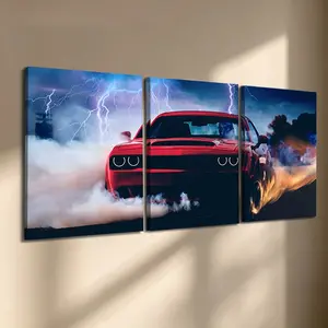 3 Pcs/Set Wooden-Framed Canvas Painting Car Pattern, Dodge Challenger Hellcat Triptych Canvas Wall Art, Stormy Drifting Muscle Car Print, Instant High-Energy Decor for Man Cave, Garage, Office & Living Room