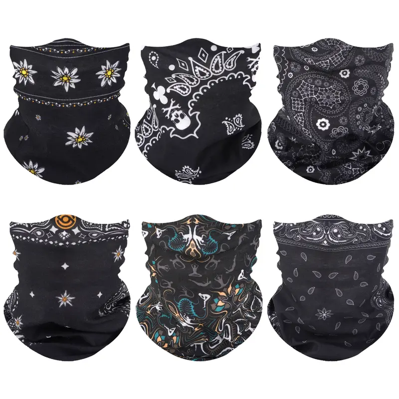 Haute Hooks 6pcs Black Series 2 Unisex Seamless Graphic Geometric Neck Mask Scarf - 18x18 cm Stretchable Neck Gaiter Bandana, Sun Protective Face Covering, Outdoor Walking Hunting Headgear Wrap