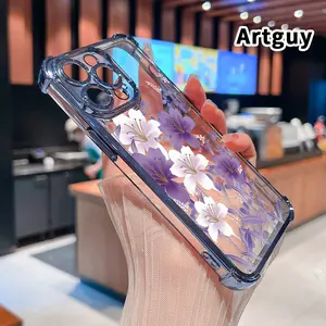 Purple Lily Pattern Four Corner Anti-Fall Phone Case Transparent Electroplated Protective Cover for iPhone 16 Pro Max 15 Plus 14 13 12 11 E