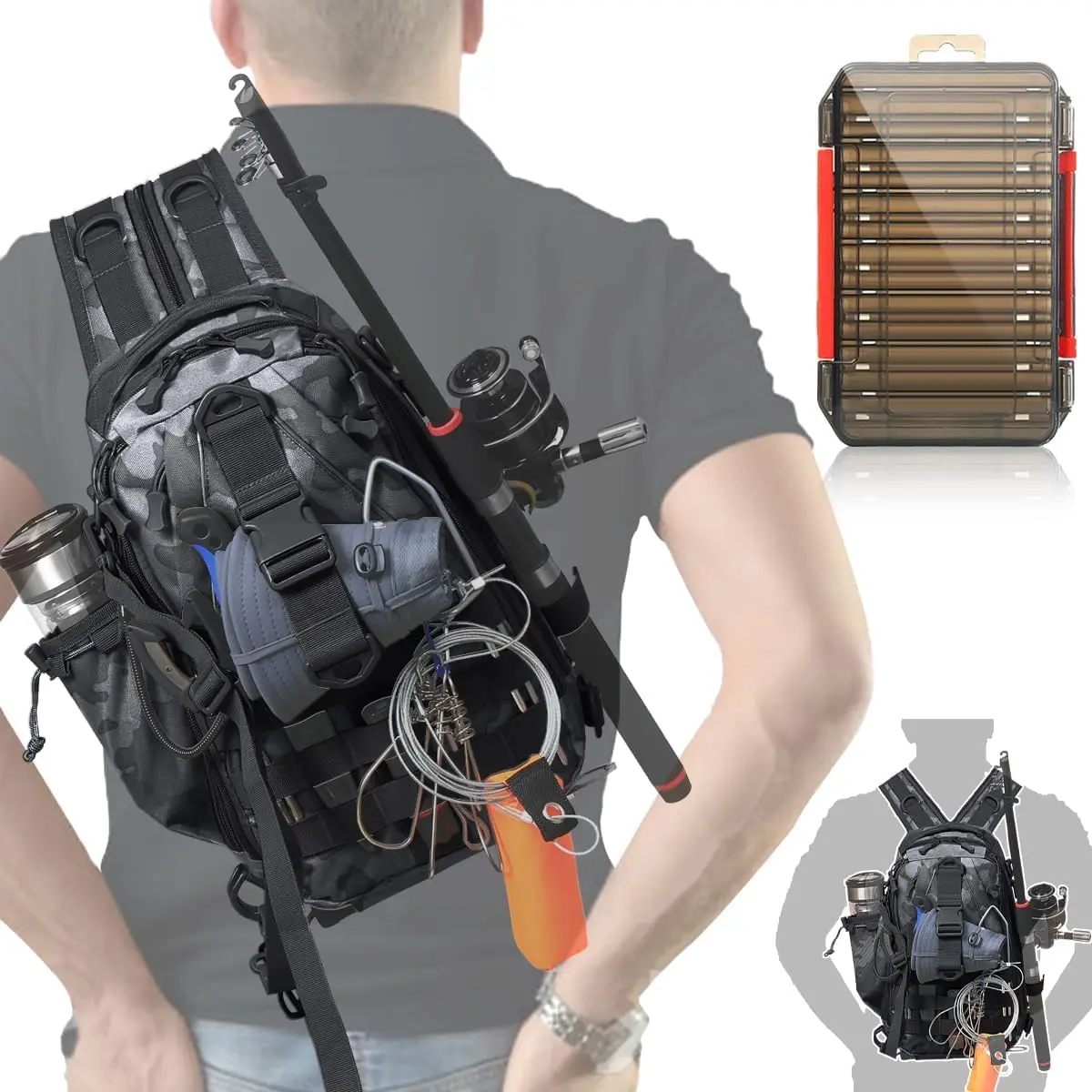 Fishing Backpack, Fishing Bag with Tackle Box, Compact Fishing Tackle Bag, Fishing Tackle Backpack with Rod Holder for Outdoor  Fishing Gifts for Men Women