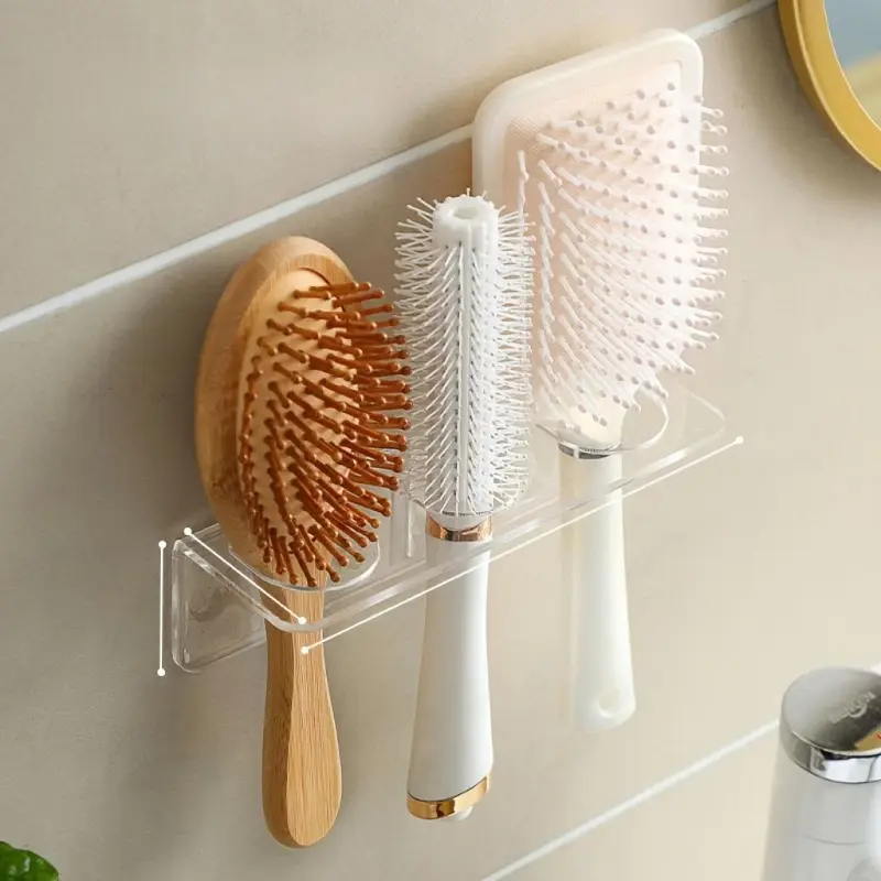 1pc Acrylic Plastic Bathroom Comb Holder, Wall-Mounted No-Drill Storage Rack For Vanity, Clear Transparent Organizer For Hair Brushes And Toiletries