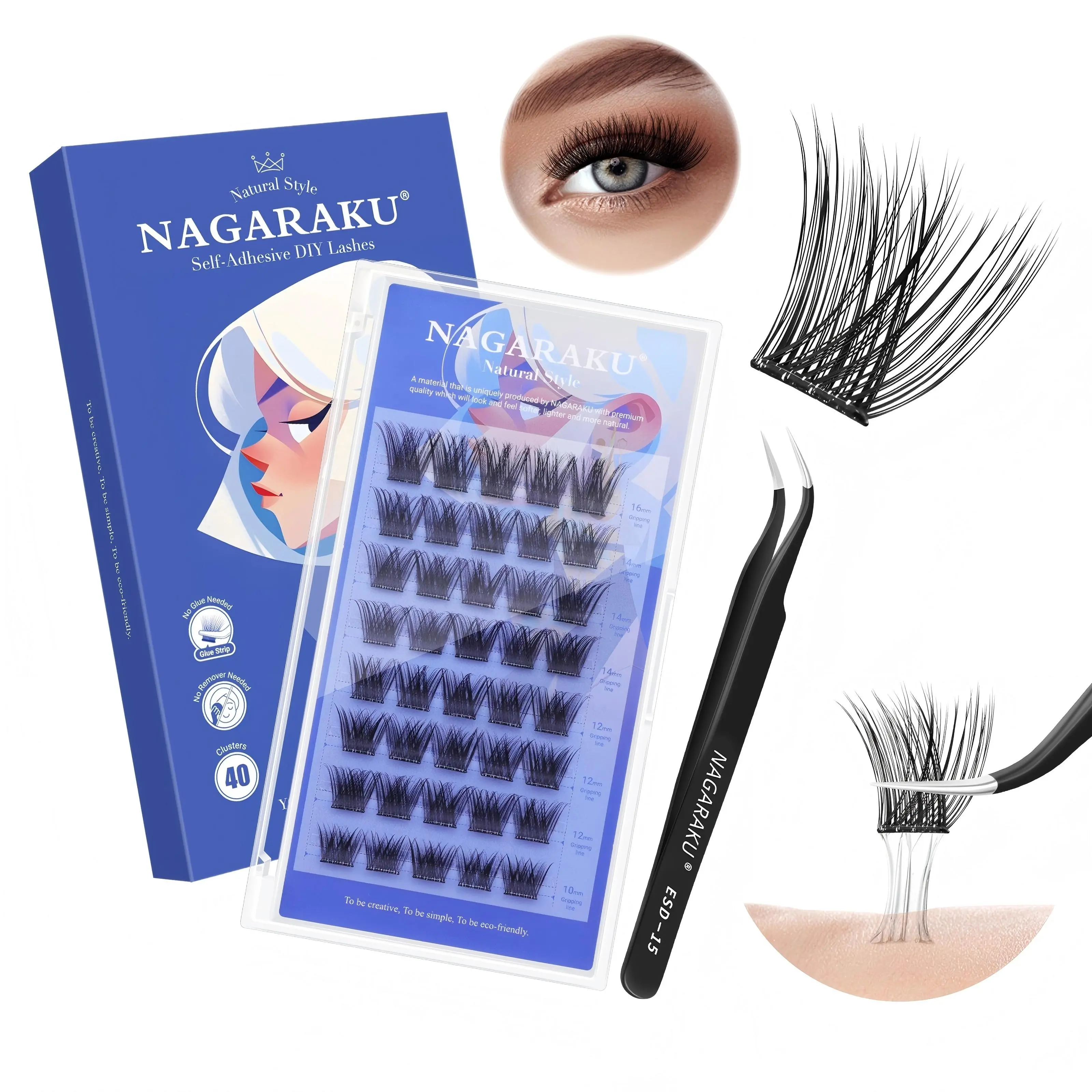NAGARAKU Self Adhesive DIY Cluster Lashes Tweezers Included, 32 ~ 96 Clusters Included, High-quality, Makeup, Cosplay 2026 New