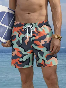Men's Camouflage Print Beach Shorts, Summer Quick-Dry Breathable Five-Panel Pants, Drawstring Waist Coastal Vacation Short Pants