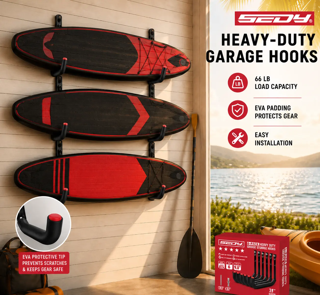 SEDY 6 Pack 9.8 in Heavy Duty Garage Hooks - Wall Mount Ladder Hooks with EVA Padding, 66 LB Load Capacity Steel Utility Hangers for Bikes, Folding Chairs, Easy Installation, 6 Pack 9.8\ Heavy Duty Garage Hooks Organiser Organiser