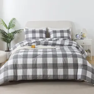 Comforter Set Twin, White Gray Check Comforter Bedding Set for All, Farmhouse Classic Gingham Pattern Print Soft Microfiber Comforter 2 Pieces