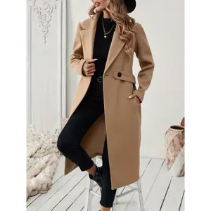 trench coat buttoned top       Women's Elegant Long Black Tweed Coat - Adjustable Belt H-shaped Cut Asymmetrical Hem, Machine-washable Autumn And Winter Jacket, Office To Dinner Multi-functional Outerwear, V-neck Design