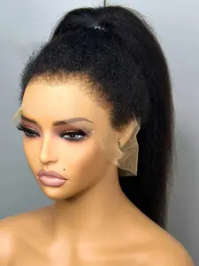 Natural 26 Inch Fashion Yaki Soft Straight Hair 180 Density Glueless Lace Front Wig, Heat Resistant Pre-Braided Synthetic Daily Use Wig