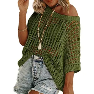 Women's Crochet Hollow Out Knit Top Sexy Oversized Mesh Net Sweater Casual Off the Shoulder Raglan Sleeve Summer Beach Cover Up Knitwear Womenswear, unique and chic long-sleeve cover-up top