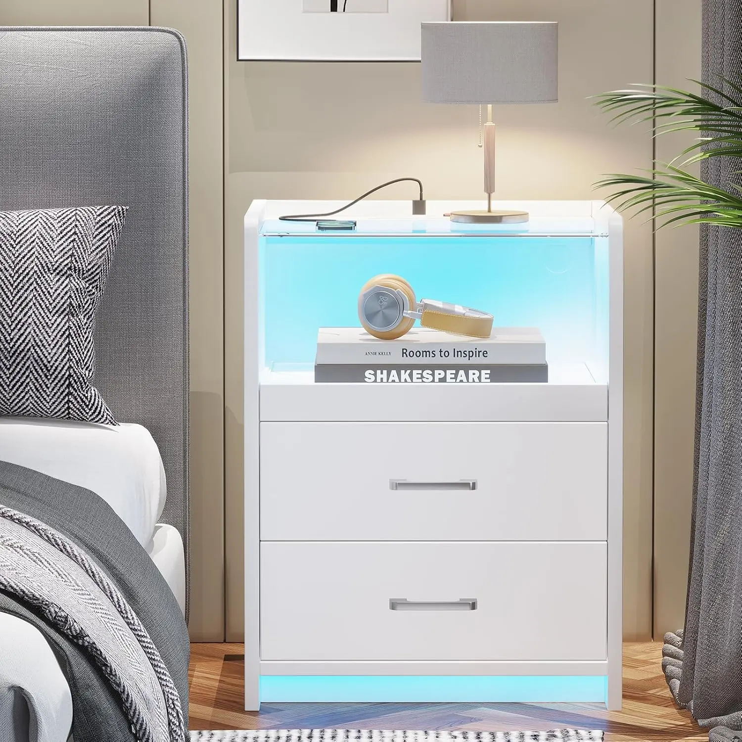 AOGLLATI LED Nightstand with Charging Station, Night Stand with Pull-Out Tray, 2 Drawers, Bedside Table with LED Lights, Modern End Table with USB Ports Outlets