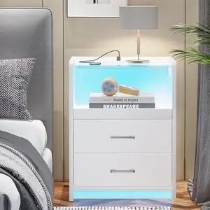 AOGLLATI LED Nightstand with Charging Station, Night Stand with Pull-Out Tray, 2 Drawers, Bedside Table with LED Lights, Modern End Table with USB Ports Outlets
