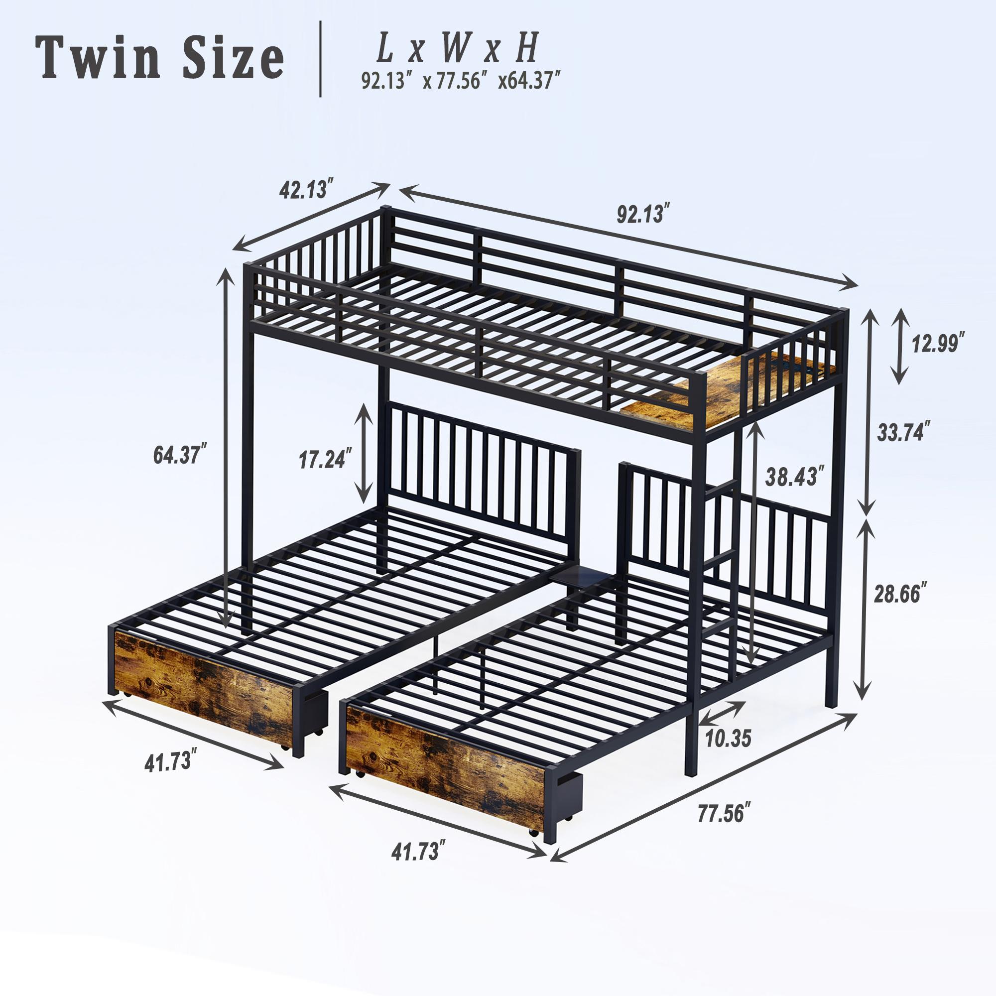 Triple Bunk Bed for 3 Kids, Metal Bunk Bed Frame with 2 Large Drawers and Charging Station, Metal Triple Bunk Beds, Separates Into 3 Twin Beds,Noise Reduced Structure, Black
