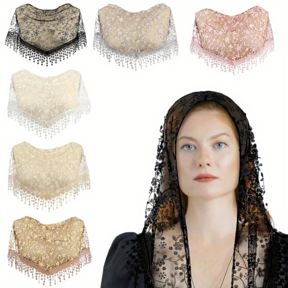 6PCS Women's Lace Veil, Triangle Lace Mantilla Veil Party Veil,Cathedral Head Covering Church Veil Floral with Tassel Chapel Veil for Womenm,for Dating,Wedding,Party Dressing