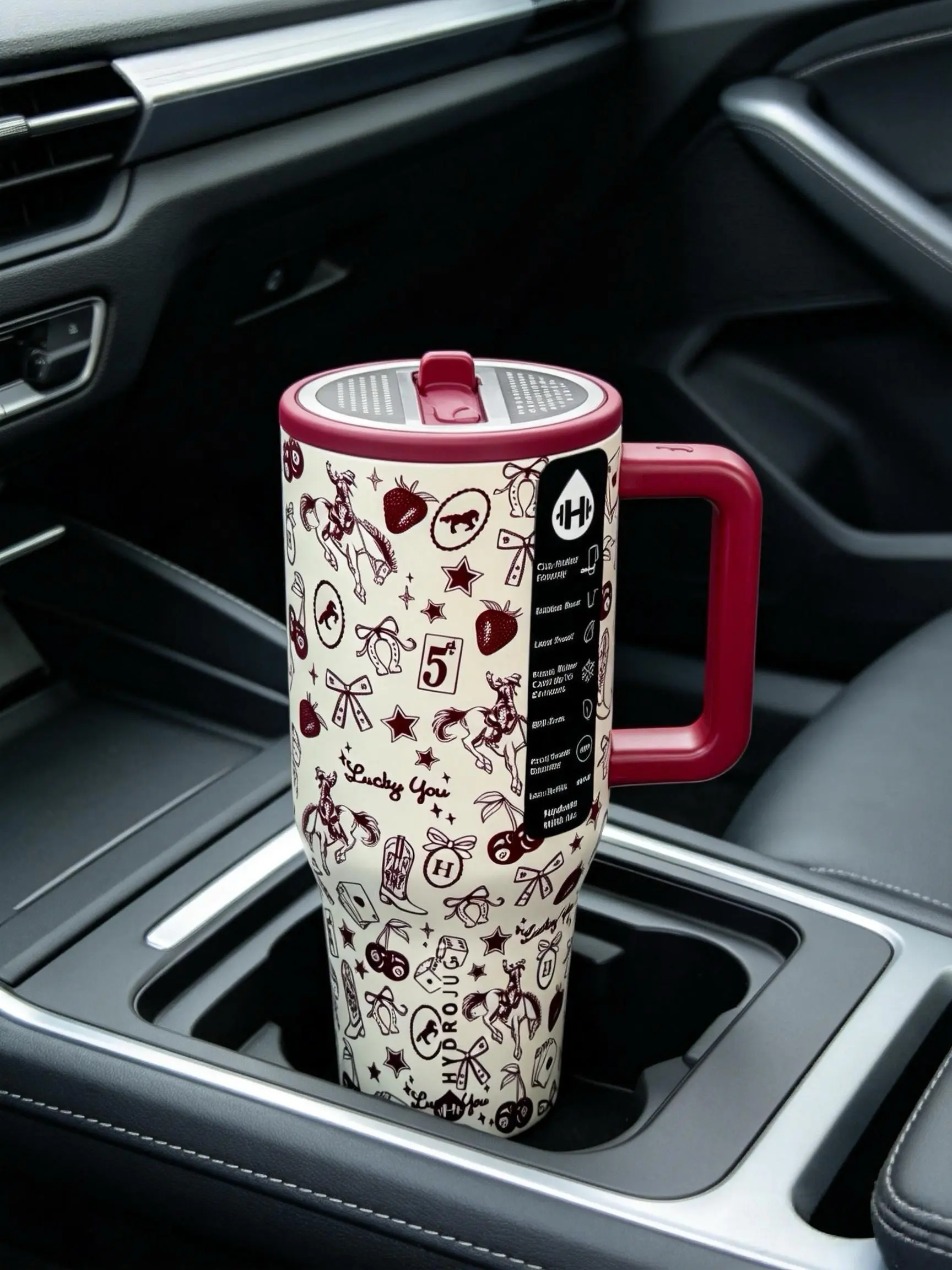 HydroJug 40 oz Traveler Straw Cup with Western Lucky cowboy themed prints. Insulated Stainless Steel Flask, Stylish Vintage Cowboy Print Drink Cup, Ergonomic Handle, Fits Car Cup Holders, Portable Sports Tumbler, Great Gift for Men
