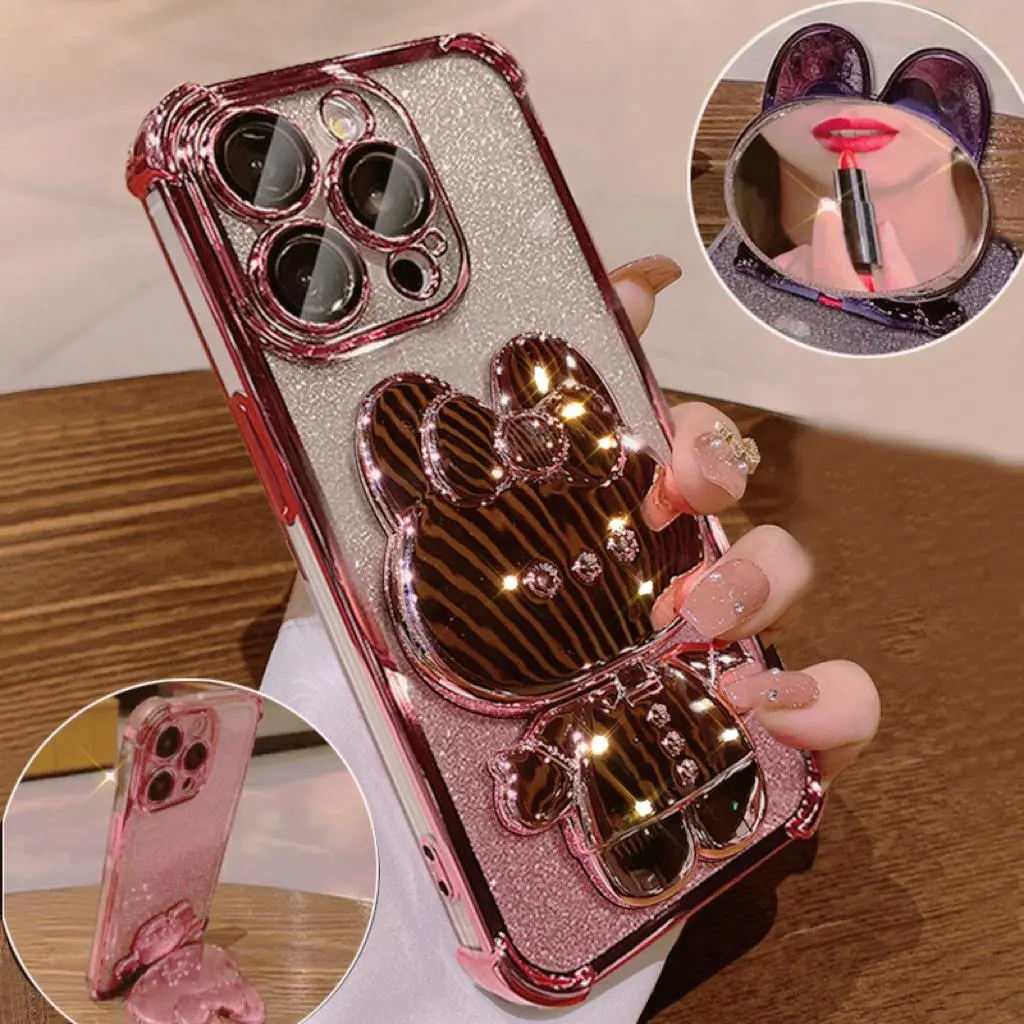 Glitter Butterfly Bunny Design Cellphone Case Casing Mobile Phone Casing With Hidden Makeup Mirror, Decorative Durable Protective Smartphone Phone Protector Cover, Phone Accessory Compatible With iPhone 15 Pro Max 14 Protection