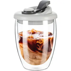 Double Wall Glass Coffee Mug, Glass Coffee Cup with  Lid 12 OZ, Insulated Coffee Mug for Milk, High Borosilicate Glass Double Walled Cup for Travel & (Grey)