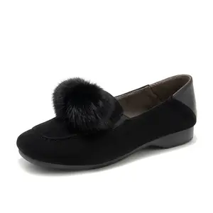 Women's Black Faux Fur Ball Slip-On Loafers - Comfortable, Elegant Shoe with Fur Pom Pom Flats