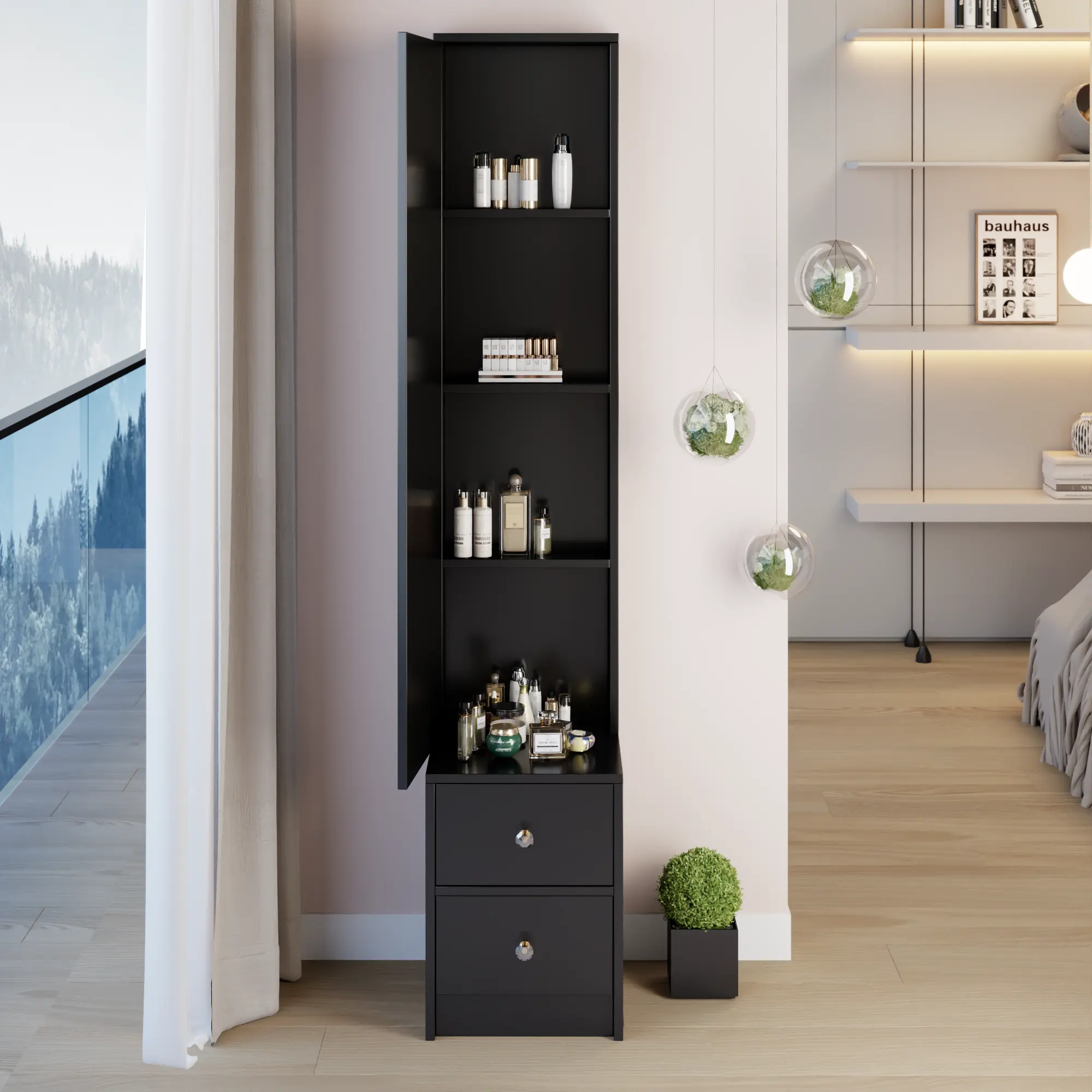 Sturdy Contemporary Regular Door Dressing Mirror Cabinet (11.8"x15.7"x63"), Multi-Layer Compartmentalized Storage Organizer for Bedroom Closet, Full-Body Mirror, Assembly Required