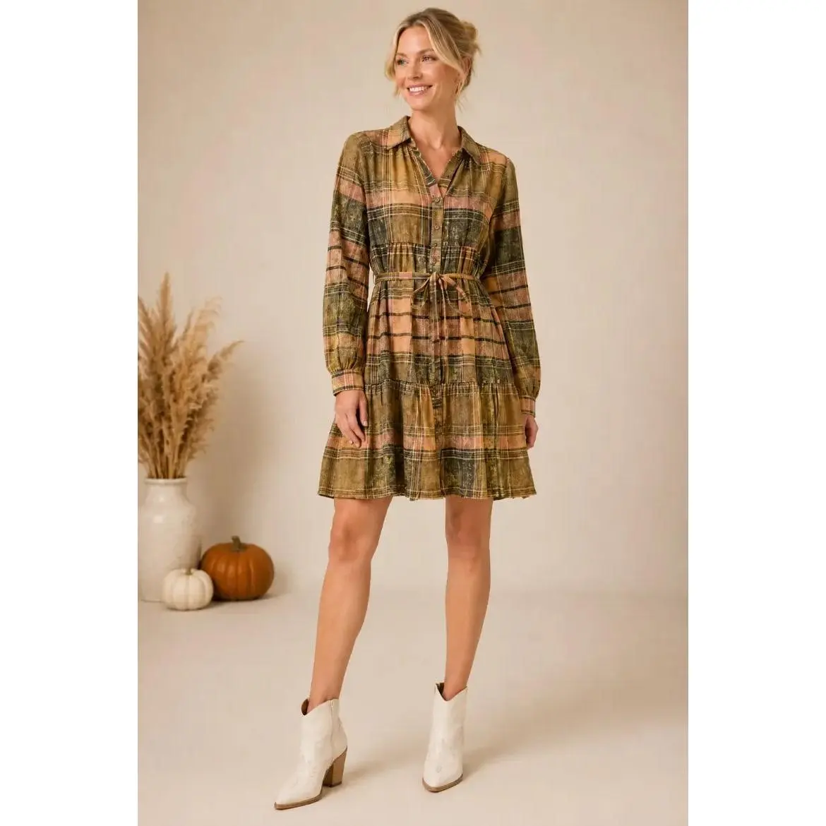Flannel Self Sash Tiered Dress