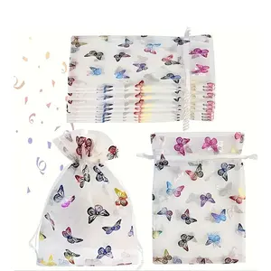 50pcs Snow Silk Gift Bags, Silver Color Butterfly Mesh Drawstring, Jewelry Candy Storage Pouches, Perfect for Gifts