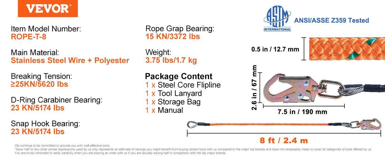 VEVOR Steel Core flipline, 1/2" x 8' Arborist Flipline, Flip Line for Tree Climbing with Alloy Steel Snap Hook, Aluminum Alloy Carabiner and Extra Tool Lanyard, for Arborist, Tree Climbers