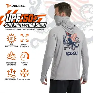 【RODEEL】938 Fishing Hoodie Shirts w/ Mask Neck Gaiter Thumbhole Men UPF 50+ Sun UV Protection Long Sleeve Breathable Mesh Fabric Lightweight Quick Dry Moisture Wicking Athletic Activewear for Outdoor Fishing Boating Hiking Camping Biking summervibes