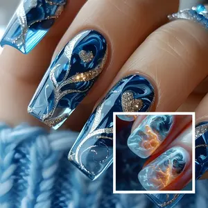 [Stylish Press On Nails] 48pcs Blue Gradient Press On Nails - Square Medium Length Acrylic Fake Nails with Electric Stripe & Flame Design, Glossy Finish, Includes Jelly Glue & Nail File for Women, Stylish Manicure for Daily Use, Party and Gift Iridescent