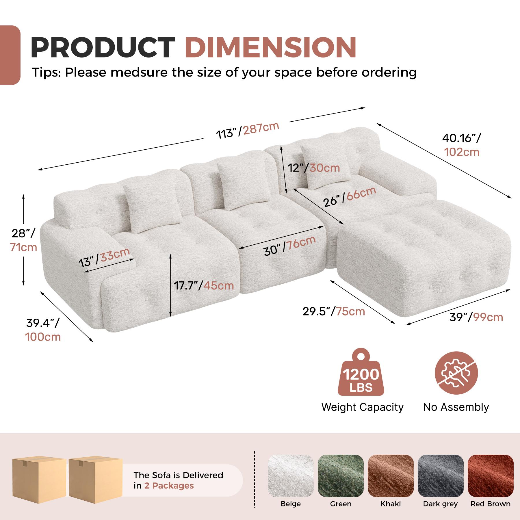 113" Modern Boneless Couches for Living Room, L Shaped Cloud Couch Sectional, Chenille Convertible Modular Sofa Set, No Assembly Required