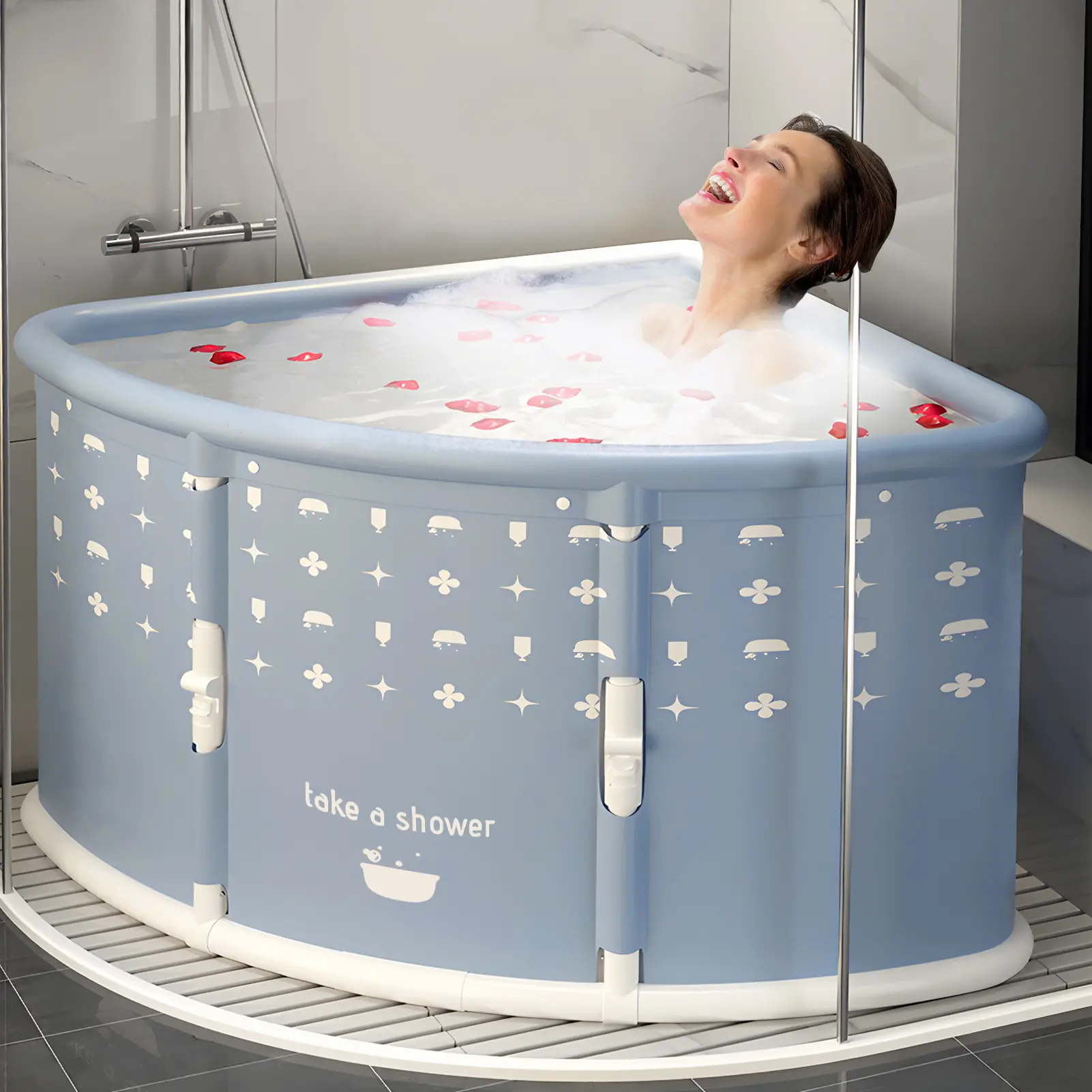 Fan-shaped Foldable Bathtub, Portable Bathtub for Adult, Large Collapsible Tub, Freestanding Surround Collapsible Tub, Effortless Folding Corner Bathtub