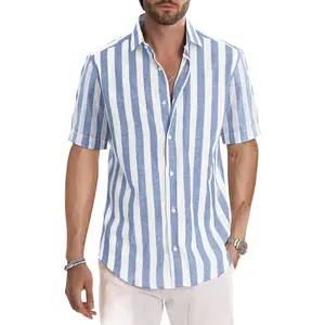Men's Casual Stylish Short Sleeve Button-Up Striped Dress Shirt Cotton Beach Shirts