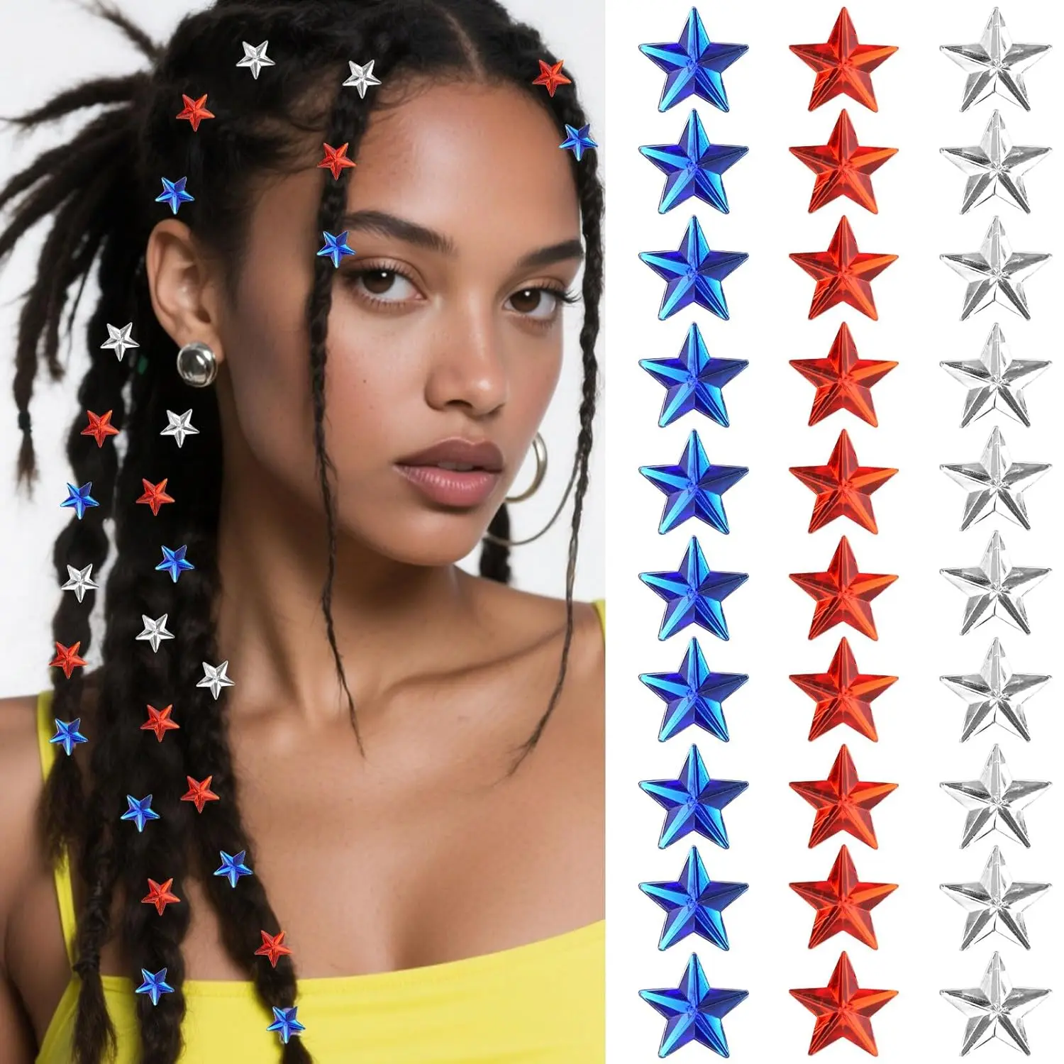 Women & Girls' 30Pcs 4th of July Patriotic Hair Clips - Red White Blue Sparkly Mini Star Barrettes, No-Slip Hair Pins for Braids, Independence Day Party Favors (Festive Supplies)