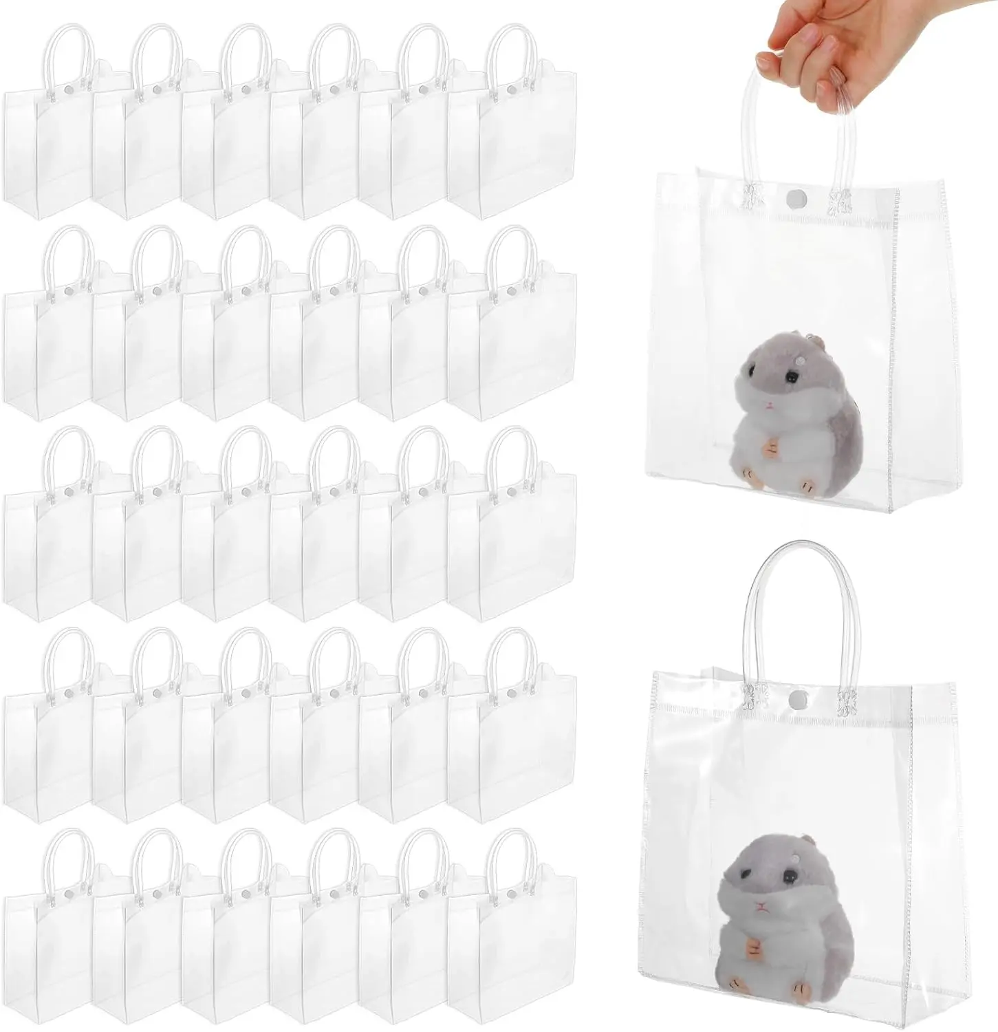 50PCS Clear Gift Bags with Handles, Reusable Party Favor Bags Plastic Gift Bag Transparent PVC Tote Bag for Wedding, Christmas, Birthday, Boutique, 7.8" x 7.8" x 3.1"
