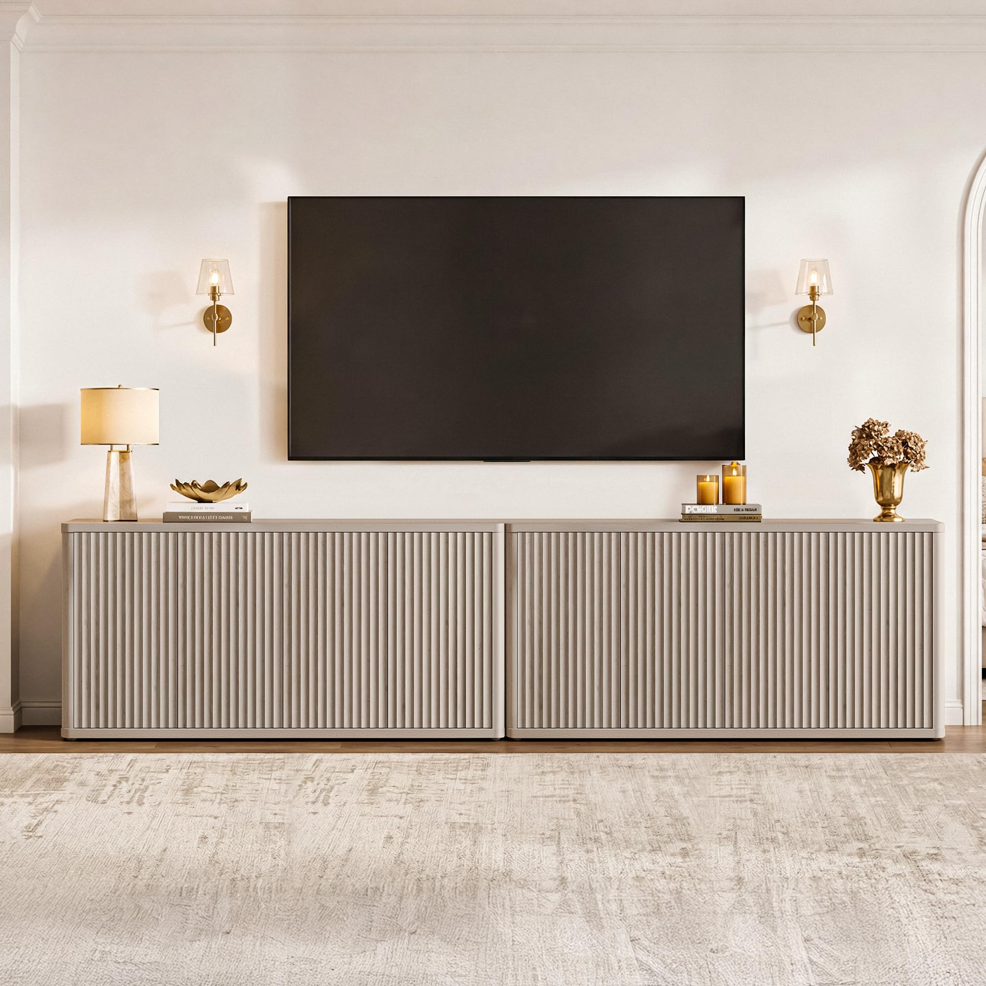 SICOTAS Modern Long Fluted TV Stand - Single Unit Media Console with Storage, Solid Base Entertainment Center for 65" TVs, Living Room Furniture, Storage Space