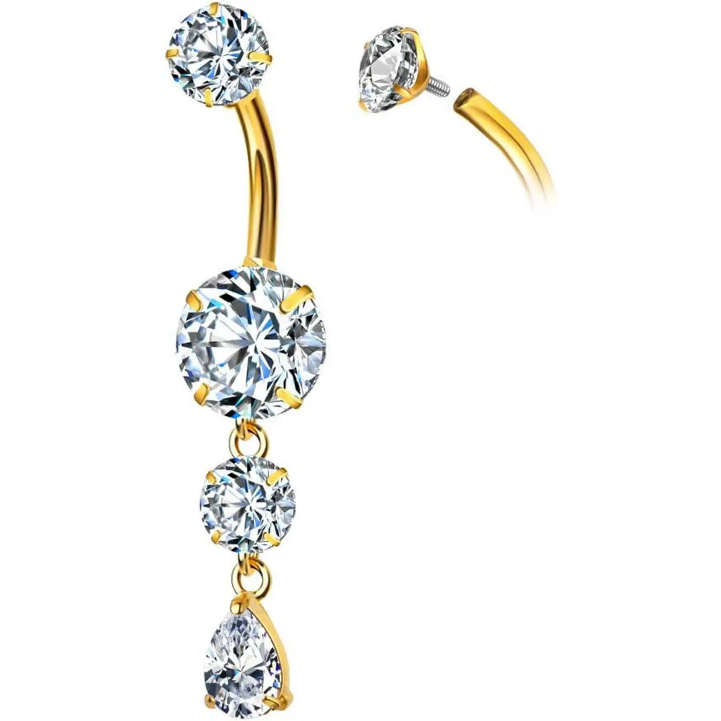 Women's 14G Hypoallergenic G23 Titanium Internal Threaded Dangle Belly Ring - 10mm Flat Back Barbell with CZ Accents, Christmas Gift for Females, Mother's Day, Valentine, Beach Dresses, Internally Threaded, Dangling, Cubic Zirconia, Threaded Top