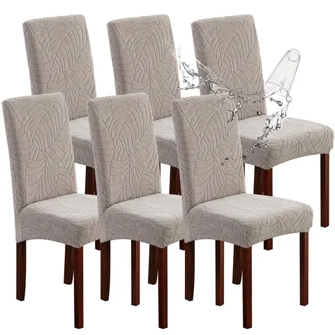 Dining Chair Slipcover & Table Cover Set, 100% Dual Waterproof Jacquard Spandex Fabric, 4/6 Seamed Pieces, Stretch, High Back Protector Pad, Modern Pattern, Fits 21"h Parson-Style Chairs, Dual Protection for Home Kitchen